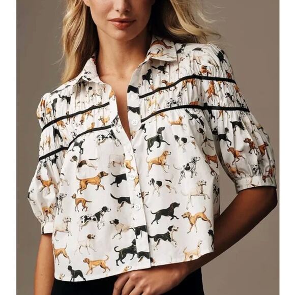 Anthropologie Tops - MAEVE ANTHROPOLOGIE Puff Sleeve Hound Dog Pattern Blouse Women's Size Medium